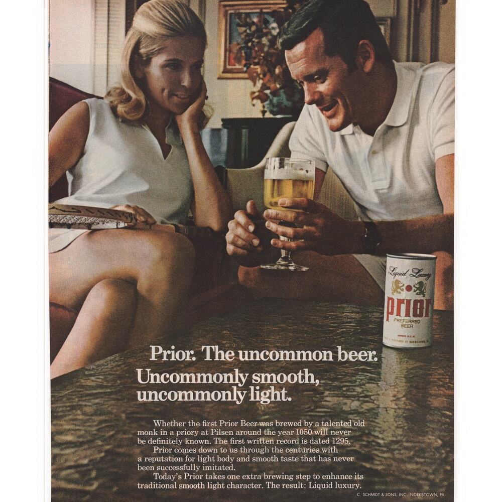 Prior Beer Magazine Advertisement Vtg 1968 Breweriana Schmidts Alcohol Uncommon